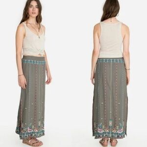 JOHNNY WAS Grey Embroidered Linen Smock Maxi‎ Skirt Slit Bohemian